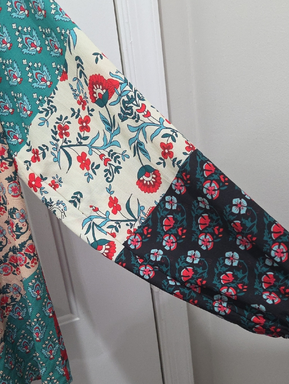 Floral Patchwork Peasant Blouse - Teal & Cream XL - Picture 3 of 5
